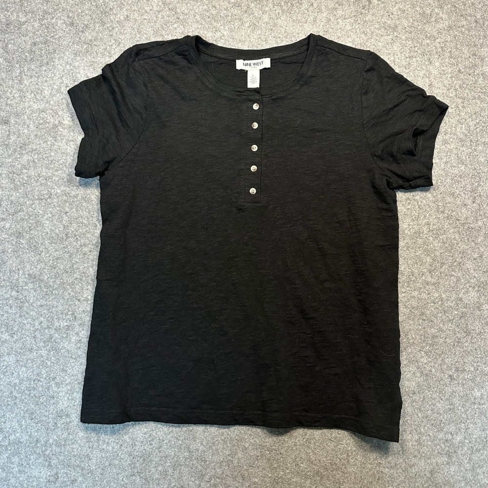 Nine West Jeans Henley T-Shirt Large Black Slub Knit Short Sleeve Button Neck